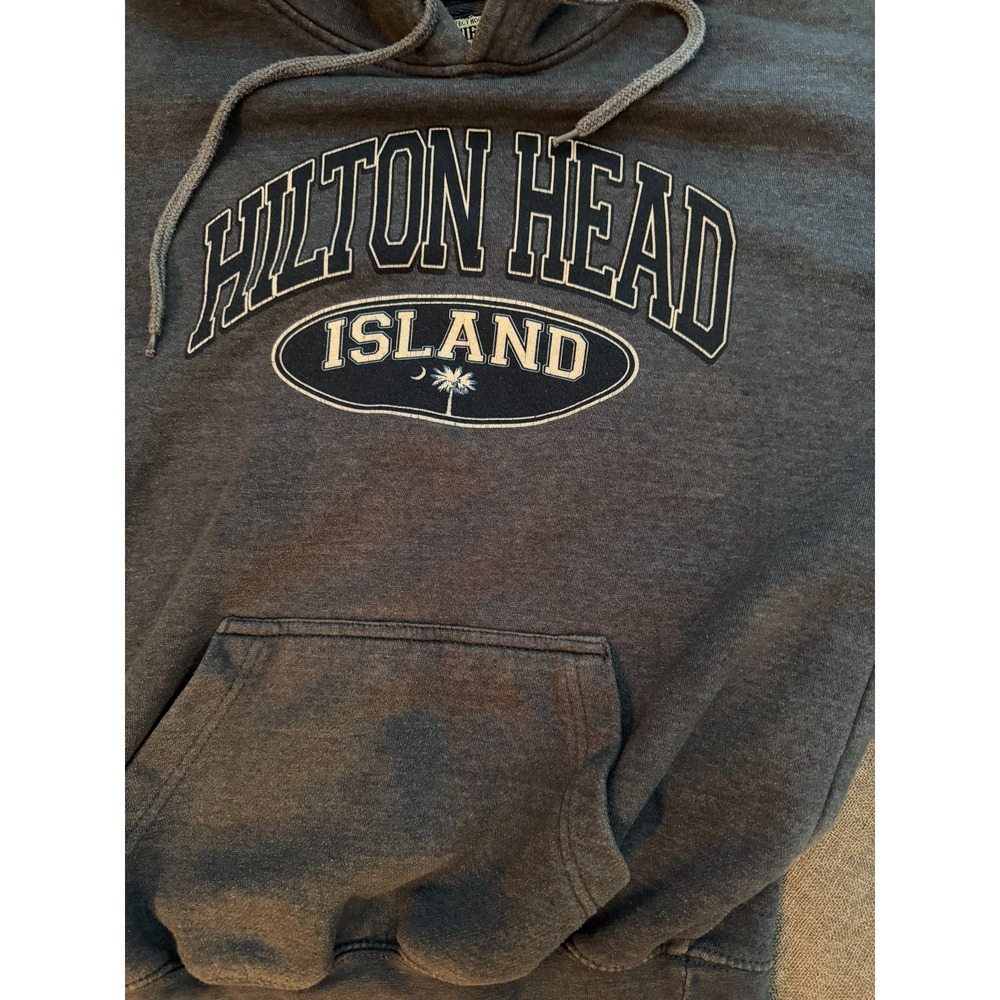 Hoodie sweatshirt with printed Hilton Head Island. Size small, blue/grey